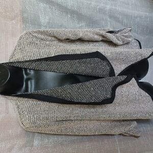 NY Collection  Black and White Cardigan, hints of brown, open front, button slv